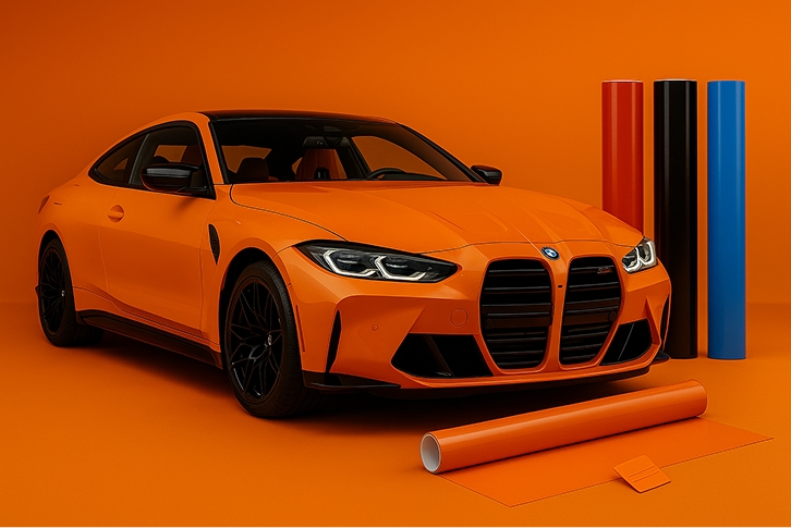 BMW coupé vinilado en color naranja con bobinas de vinilo; servicio de car wrapping de CDW Llácer.