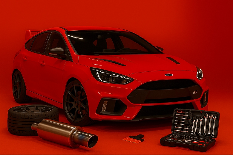 Ford Focus RS rojo con llanta, escape y maletín de herramientas; montaje y accesorios de alto rendimiento en CDW Llácer.