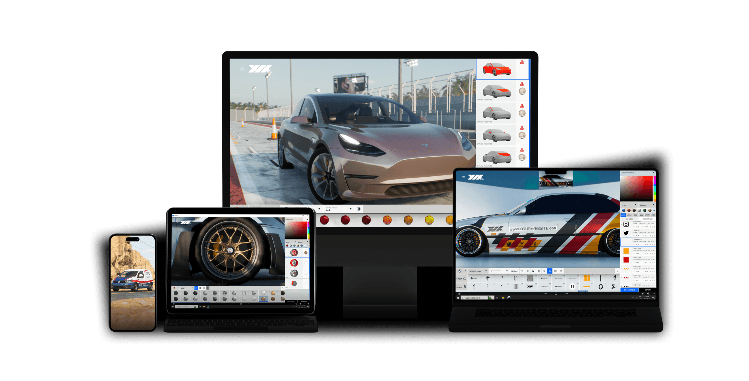 Suite de previsualización 3D de wrapping mostrada en móvil, portátil y monitores con mockups de coche y paleta de colores.